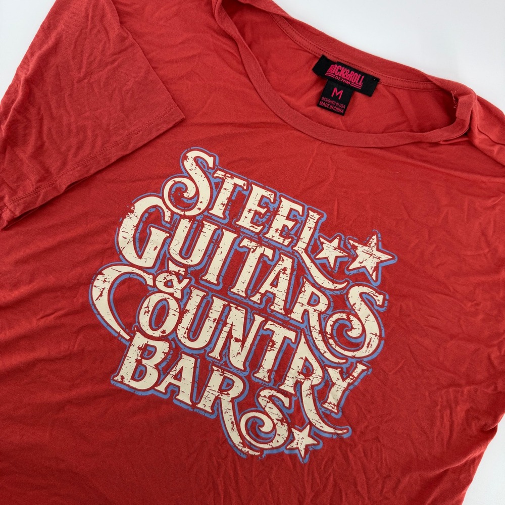 Rock & Roll Denim Graphic Tee Womens M Red Steel Guitars Country Bars Crop Top